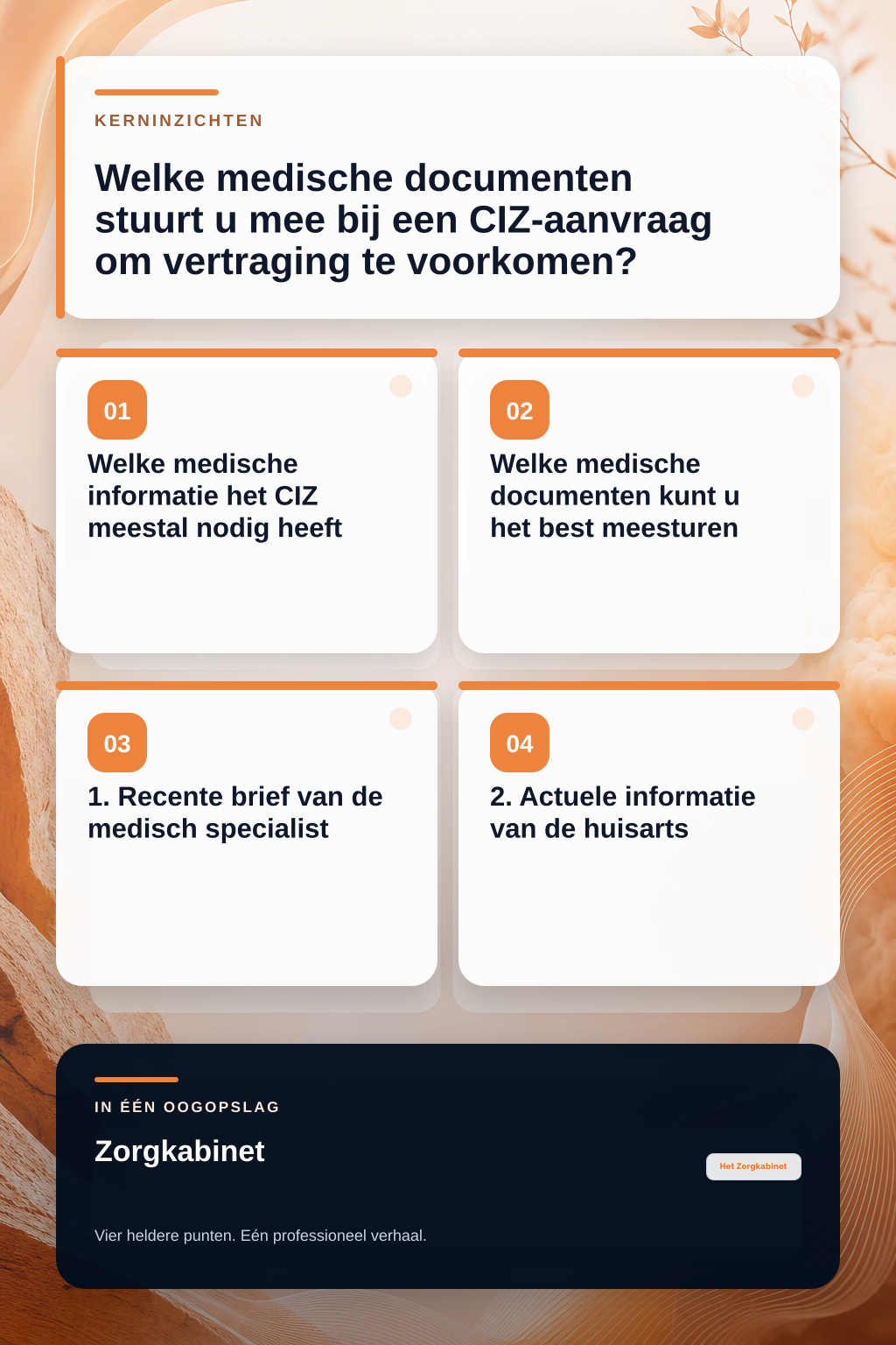 Welke medische documenten stuurt u mee bij een CIZ-aanvraag om vertraging te voorkomen? infographic